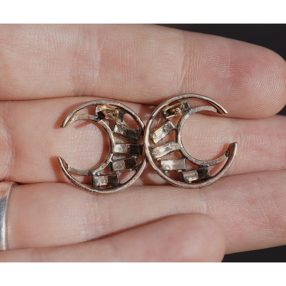 Vintage 10-14k Solid Gold Natural Persian Turquoise Crescent Moon Stud Earrings - Picture 3 of 6